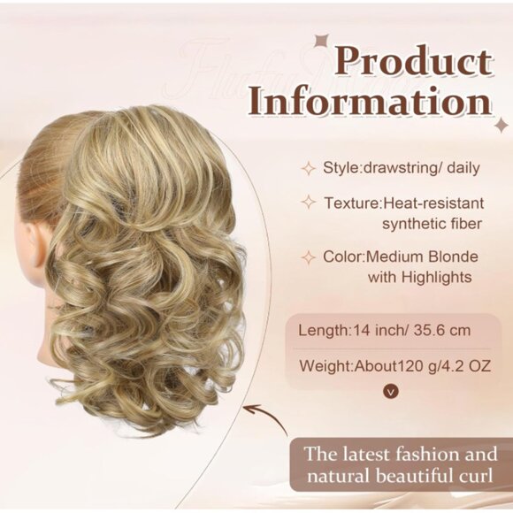 Curly Hair Ponytail Extension Hairpiece 14" Medium Blonde with Highlights - Picture 2 of 5